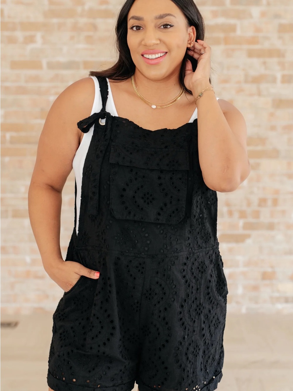 Black 100% Cotton Eyelet Short Overalls Romper